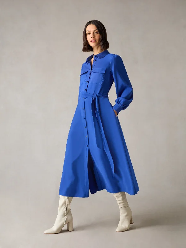 Women's Fit and Flare DressesPetite Blue Pocket Detail Midi Shirt Dress