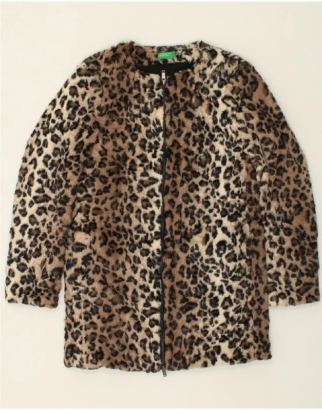 Women's Coats with Fur Trimmed PocketsBENETTON Womens Faux Fur Overcoat UK 8 Small Brown Animal Print Polyester