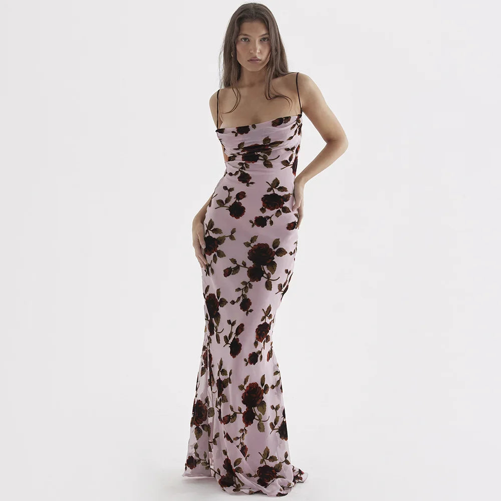 Women's Maxi DressesFashionSierra - Women Sling Bodycon Floral Print Spaghetti Strap Sleeveless Long Party Club Maxi Dress