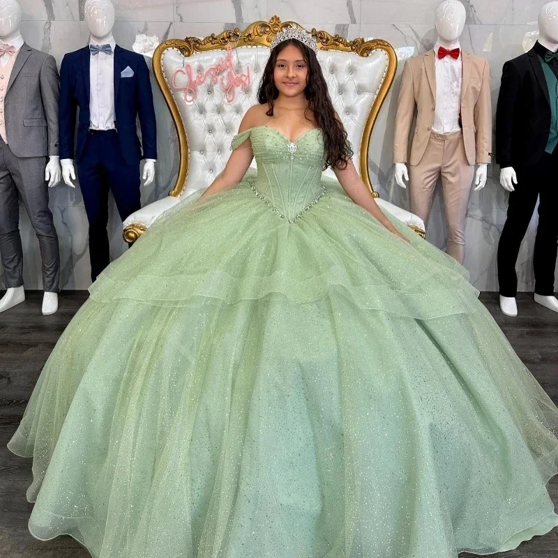 Women's Boat-Back DressesShiny Sage Green Quinceanera Dress Bow Off-Shoulder Sleeves Vestidos De 15 Anos Corset Formal Birthday Party Prom