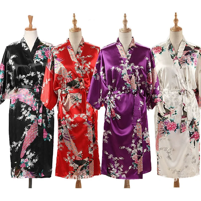 women's pajamas designed for sleepWoman Loose Style Pajamas Home Sleep Wear Lace Up Peacock Print V-neck Night Gown Japanese Kimono Yukata Bathing Robe