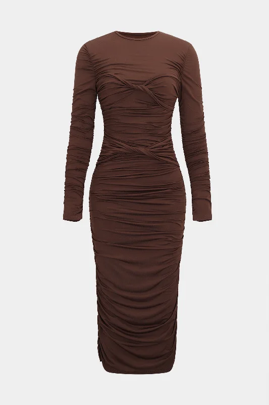 Women's Sweetheart-Neck DressesRuched Round Neck Long-Sleeve Midi Dress