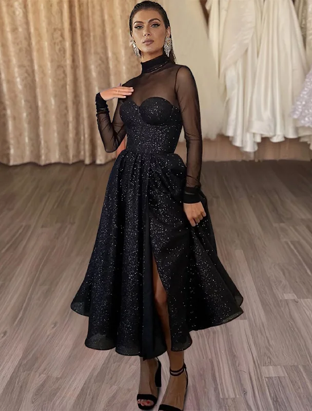 Women's Cap-Sleeve DressesA-Line Cocktail Dresses Elegant Dress Party Wear Tea Length Long Sleeve High Neck Wednesday Addams Family Tulle with Glitter Slit