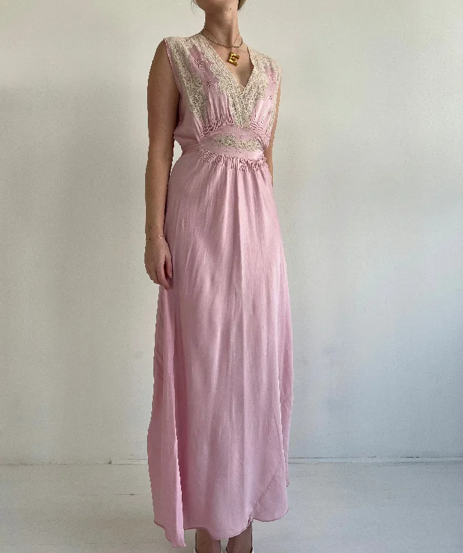 women's pajamas with adjustable waistbands1930's Pink Silk Slip Dress with Cream Lace