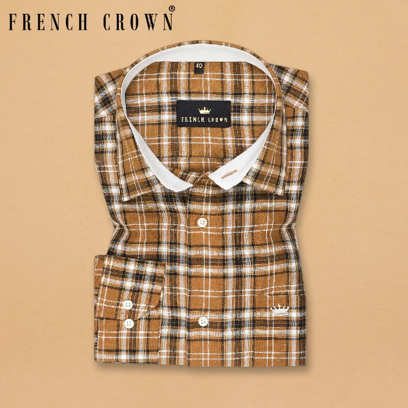 Women's Blouse with Keyhole CollarGingerbread Brown Plaid Luxurious Linen Shirt