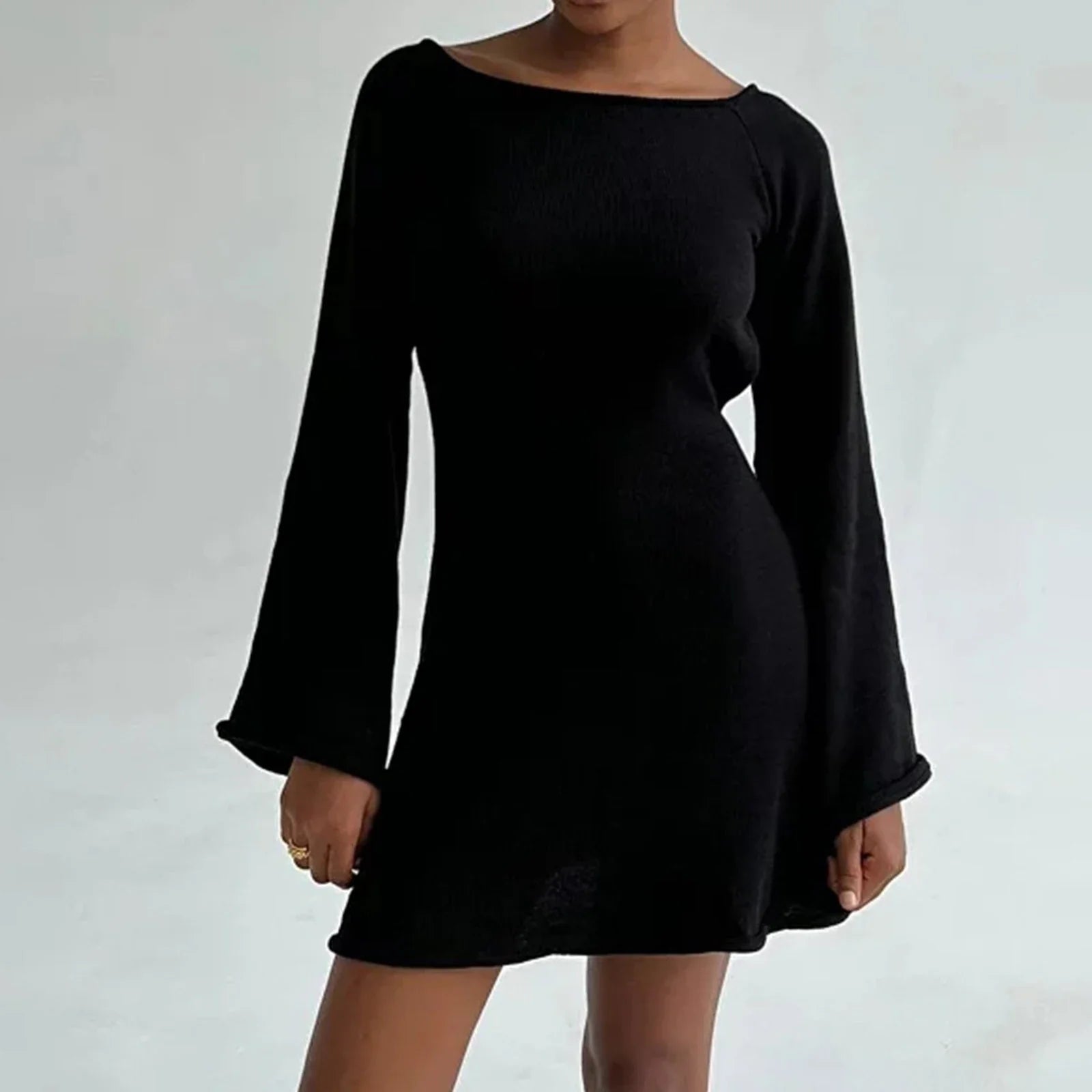 Women's Low Collar DressesWomen Knitted Casual Solid Color Backless Long Sleeve Party Streetwear Mini Dress