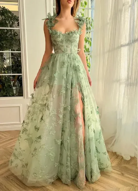 Women's U-Shaped Collar DressesSweet Temperament Grass Green Sweetheart 3D Decal Tulle A-line High Split Evening Dresses Porm Dress Birthday Party Dresses