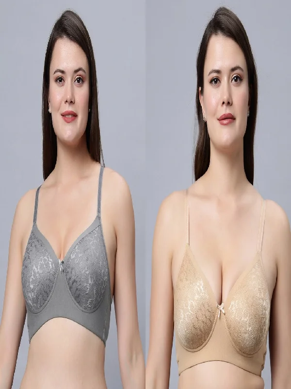 convertible halter braMedium Coverage Padded Lace Grey and Skin Color Bra (Pack of 2)