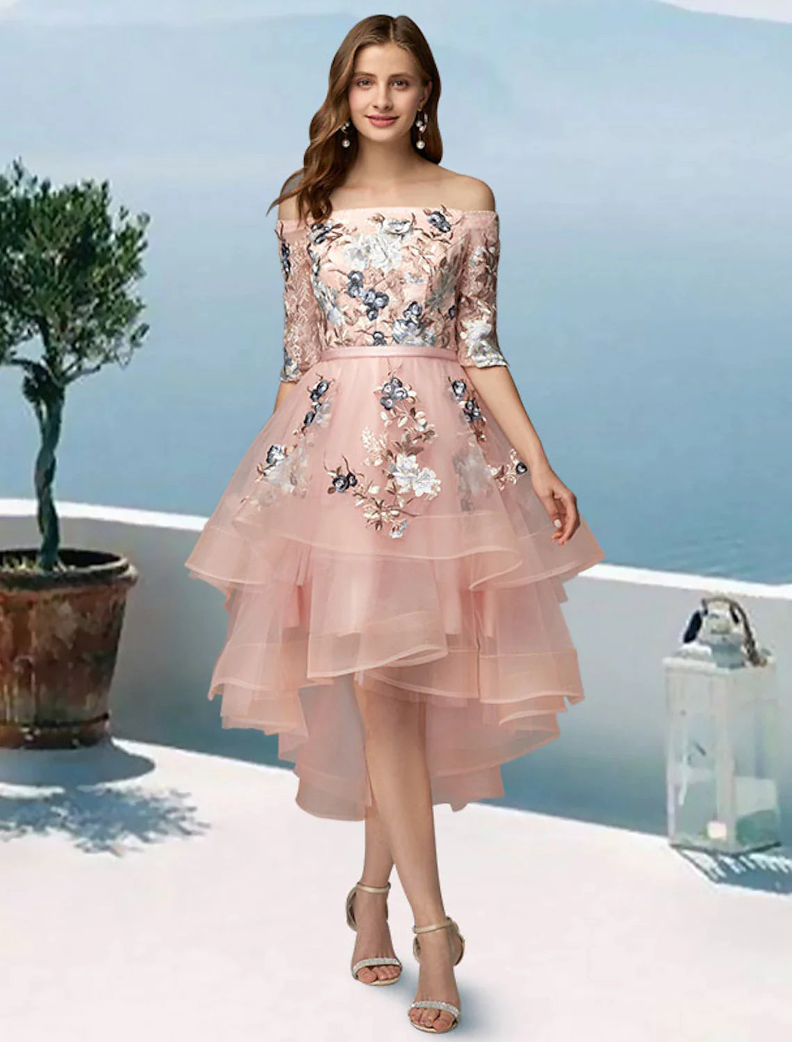 Women's Round-Neck DressesA-Line Prom Dresses Floral Dress Evening Party Asymmetrical Half Sleeve Off Shoulder Satin with Embroidery Appliques