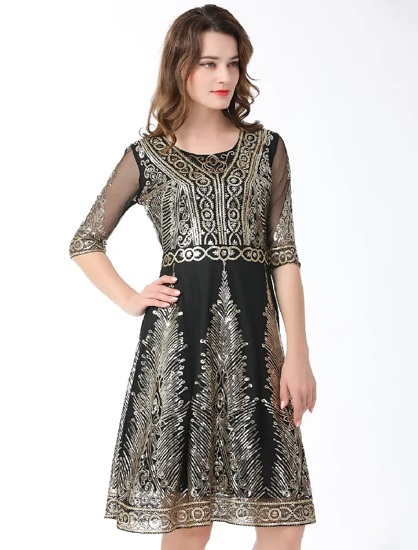 Women's Short-Sleeve DressesA-Line Elegant Vintage Holiday Party Wear Dress Jewel Neck Half Sleeve Knee Length Cotton Blend with Sequin Splicing