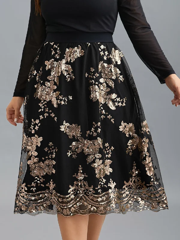 Women's V-Shaped Hem SkirtsSequin Floral Stretchy Waist Skirt