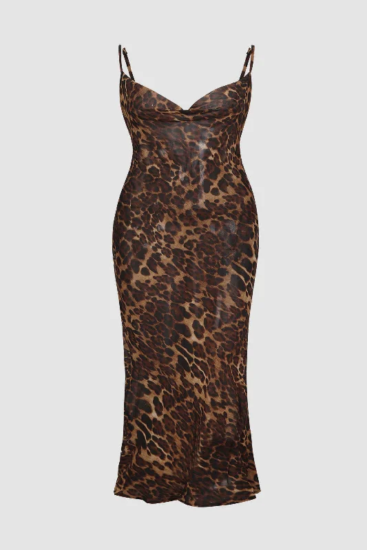 Women's Collarless DressesPlus Size Leopard Print Draped Cowl Neck Slip Midi Dress