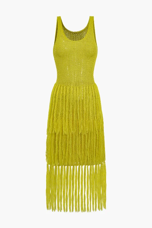 Women's Sweetheart-Neck DressesSolid Knit Fringe Cut Out Midi Dress