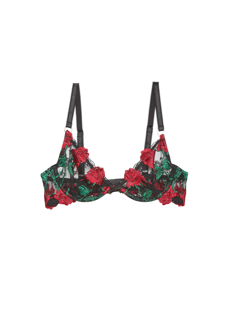 wireless bra with stretch fabricBlack Bleeding Rose Embroidery Demi Bra