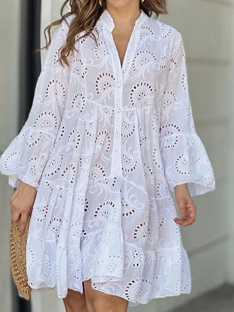 Women's Tiered DressesFashionSierra - Embroidery Lace Hollow Out Long Sleeve Mini Dress