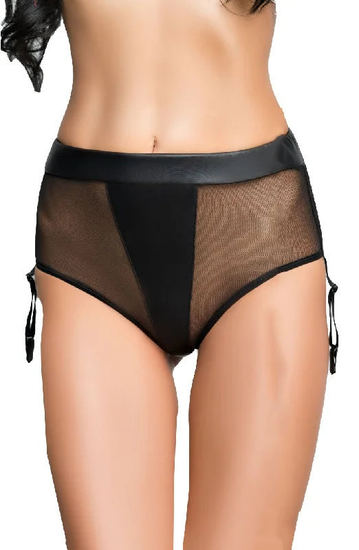 cotton-blend hipster panties for daily wearSexy Black Tulle Mesh Leather Look Panel Knickers