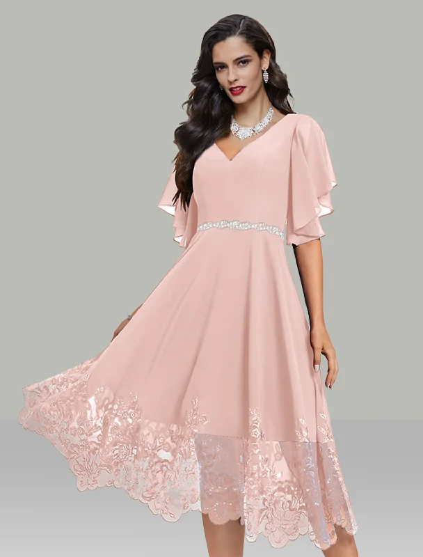 Women's Midi DressesA-Line Wedding Guest Dresses Elegant Dress Cocktail Party Tea Length Short Sleeve V Neck Belt / Sash Chiffon with Rhinestone Glitter Embroidery