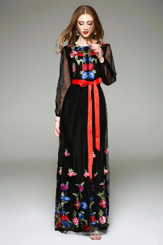 Women's Square Collar DressesFashionSierra - Long Lantern Sleeves Floral Embroidery Sash Belt Elegant Maxi Dress