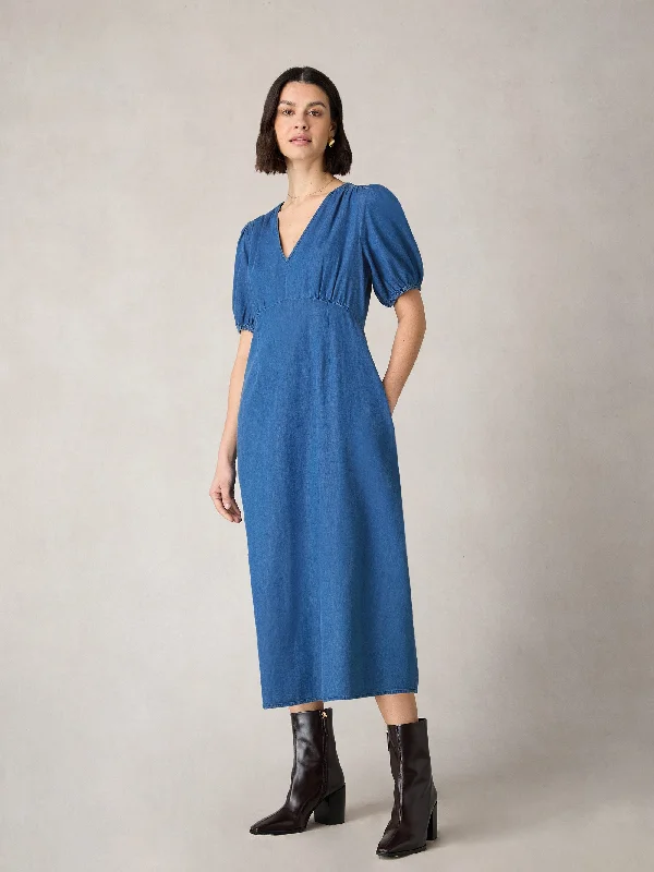 Women's Wrap DressesPetite Denim Shirred Shoulder Midi Dress