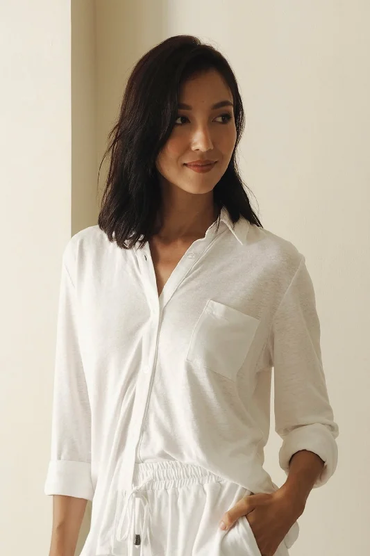 women's pajamas for yoga and meditationBamboo-Linen Shirt in Whisper White