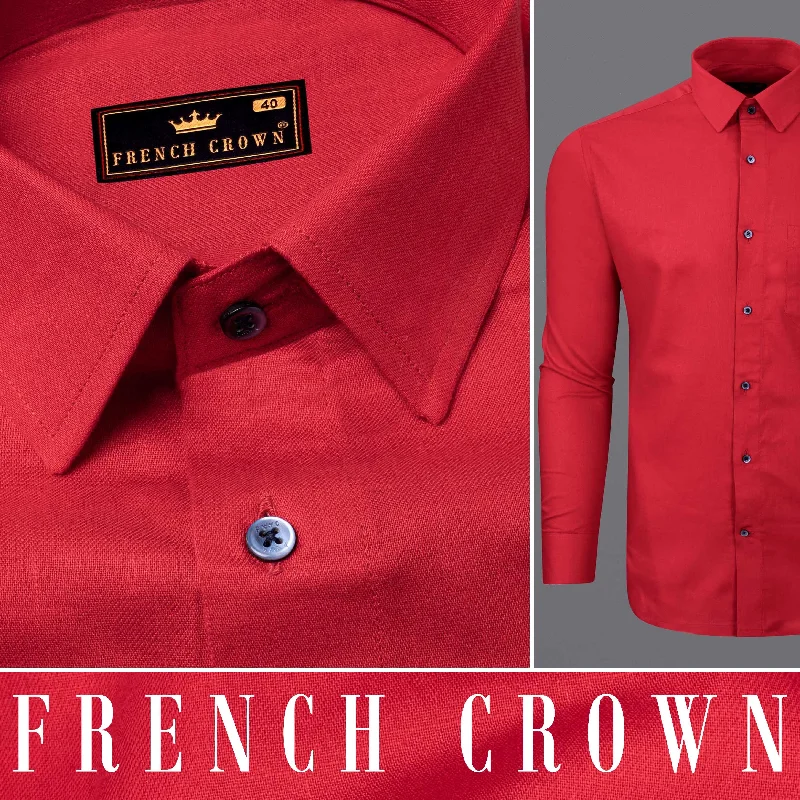 Women's Blouse with U-Shaped CollarAlizarin Crimson Luxurious Linen Shirt