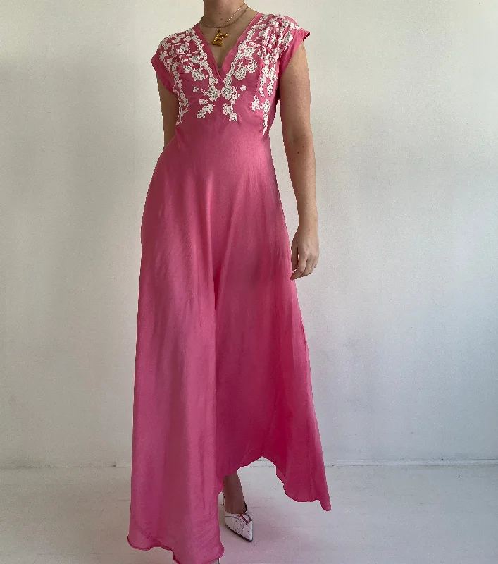 women's pajamas in a cozy, plush fabric1930's Berry Pink Silk Slip Dress with Cream Lace