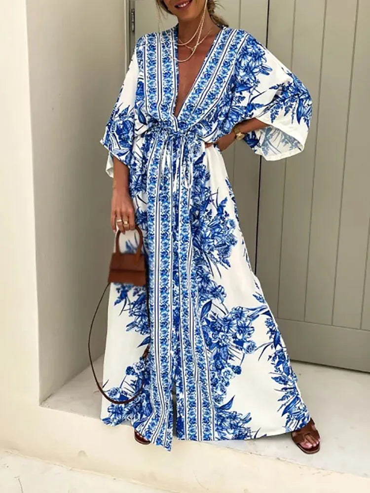 Women's Sweetheart-Back DressesFashionSierra - 2024 Vintage Spring Pattern Print Deep V-Neck Maxi Boho Dress