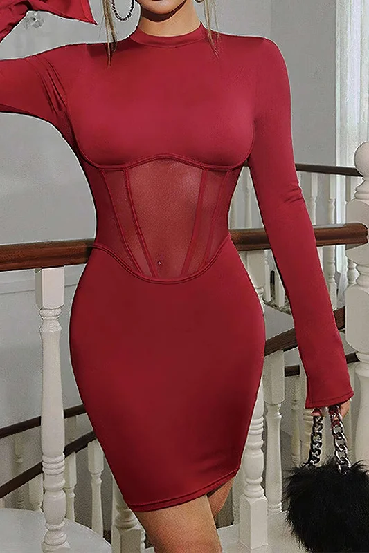 Women's U-Shaped Collar DressesBackless Corset Long Sleeve Midi Dress