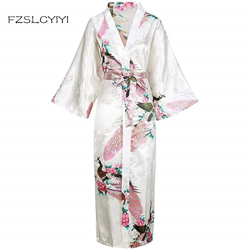 women's pajamas for a good night's sleepWhite Women's Sexy Bride Wedding Robes Nightwear Robes Kimono Night Gown Printed Peacock&Floral Sleepwear Plus Size