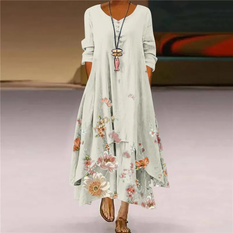 Women's Lapel Collar DressesFashionSierra - 2024 Summer Floral Print Long Sleeve Maxi Boho Dress