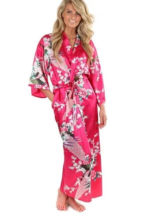 women's pajamas featuring floral embroiderySilk Bathrobe Women Satin Kimono Robes For Women Floral Robes Bridesmaids Long Kimono Robe Bride Silk Robe Dressing Gown