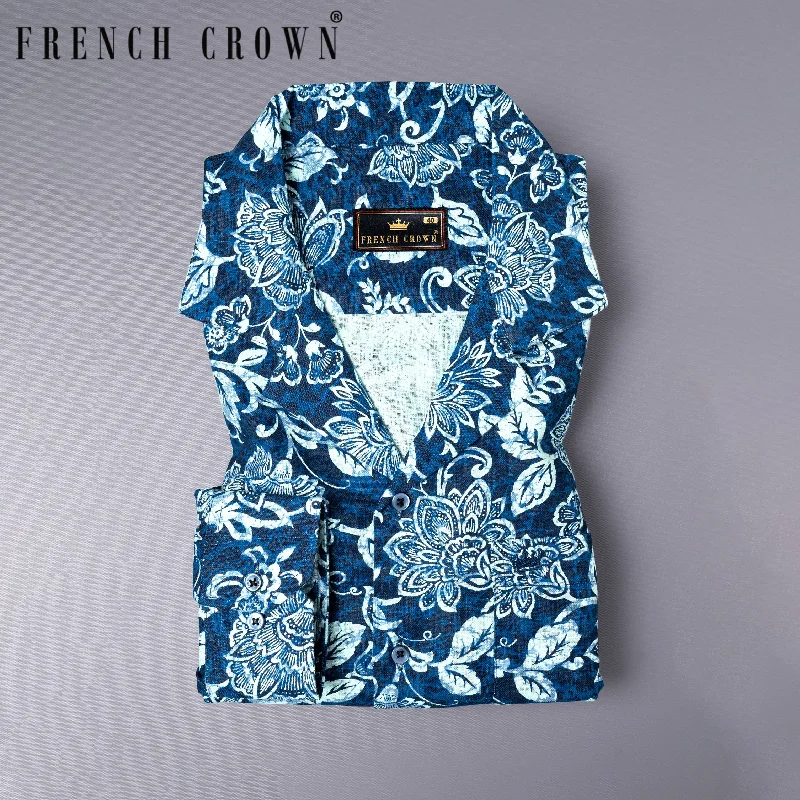 Women's Blouse with FrillsArapawa Blue Leaves Printed Luxurious Linen Shirt