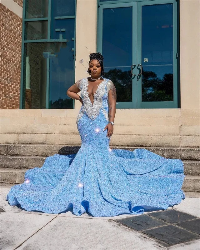 Women's Mandarin Collar DressesSky Blue Sheer O Neck Long Prom Dress For Black Girls Appliques Birthday Party Dresses Sequined Mermaid Evening Gowns