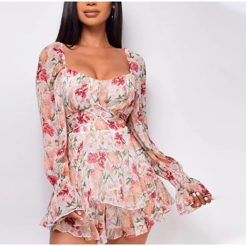 Women's Notched Collar DressesFashionSierra - 2024 Square Collar Lace Up Floral Mini Dress