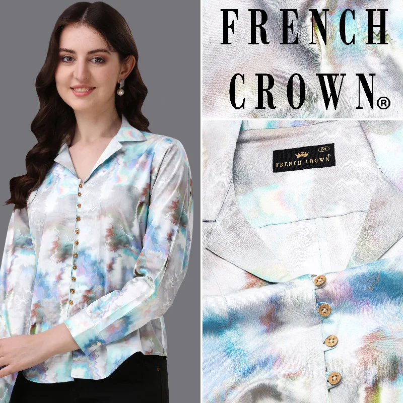 Women's Blouse with Collarless DesignBright White with Marble Printed Super Soft Premium Cotton Women’s Shirt