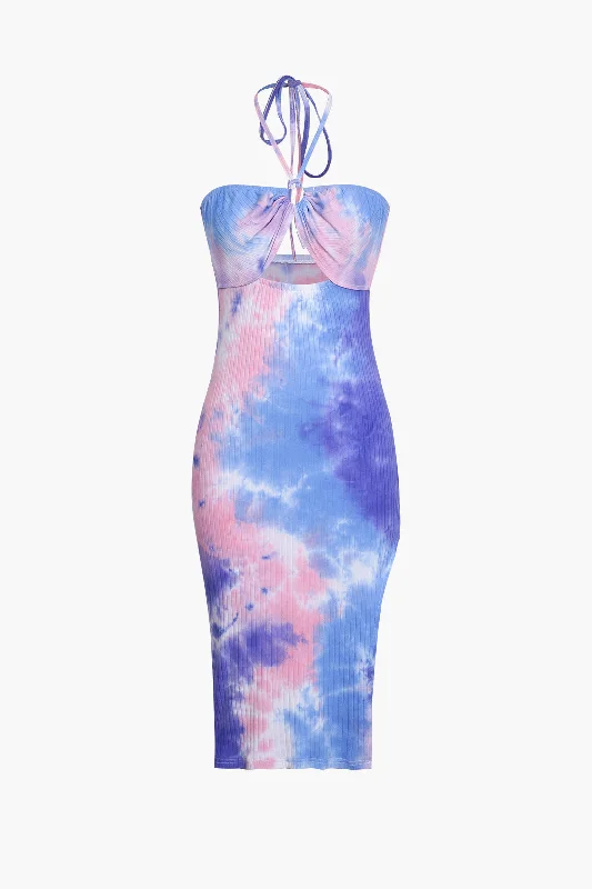 Women's U-Shaped-Neck DressesBlue Tie Dye Halter Neck Midi Dress