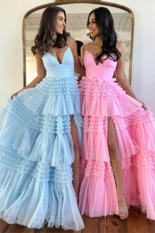 Women's Square-Neck DressesV Neck Spaghetti Straps Prom Dresses Long Tulle Tiered Ruffles Evening Party Ball Gowns