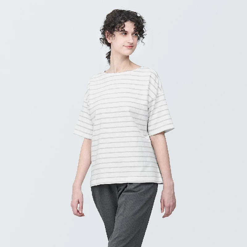 Women's Blouse with Rounded CollarStriped Boatneck Short Sleeve T-Shirt