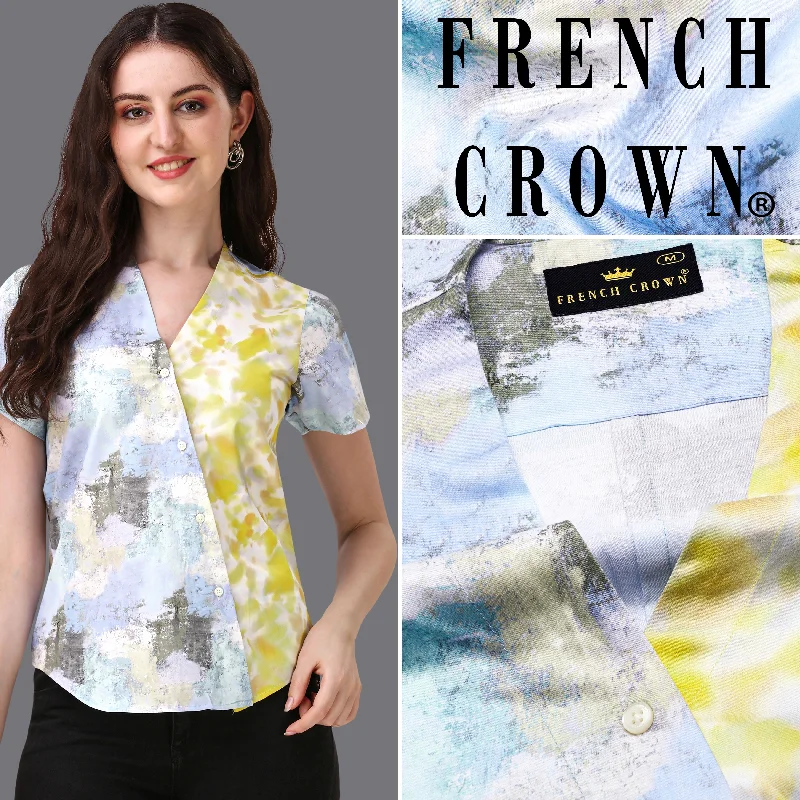 Women's Blouse with Boat CollarMoonstone Blue with Marble Printed Super Soft Premium Cotton Women’s Shirt