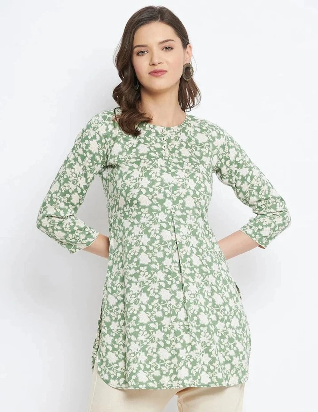 Women's Printed ShortsWhite & Green Floral Short Kurti