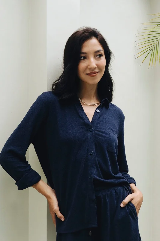 women's pajamas for a cozy night inBamboo-Linen Shirt in Midnight Blue