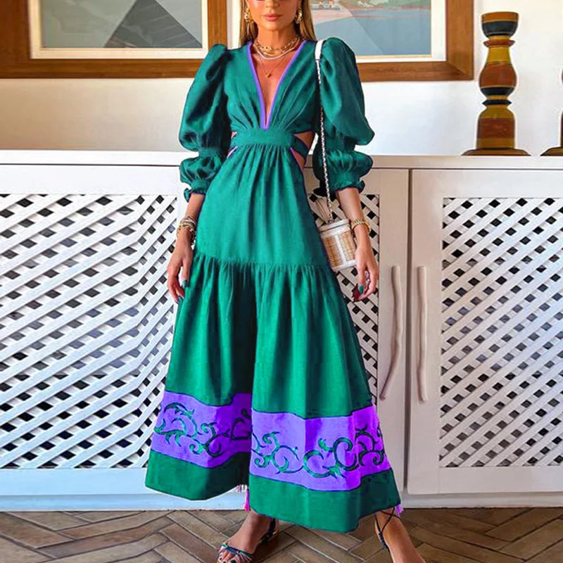 Women's Cut-Out DressesFashionSierra - 2024 Hollow Out Waist Patchwork Maxi Boho Dress