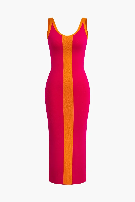 Women's Turtleneck DressesContrast Knitted Slit Midi Dress