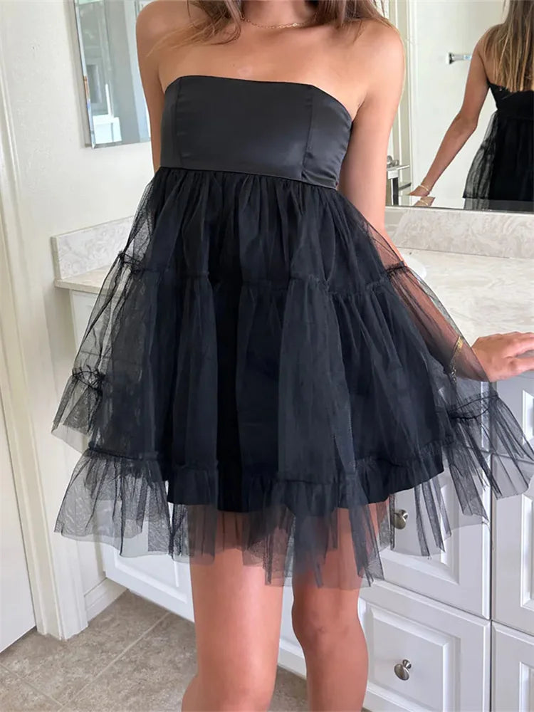 Women's Boat Collar DressesFashionSierra - 2024 Tulle Tutu Tube Solid Color Strapless Off Shoulder Mini Dress