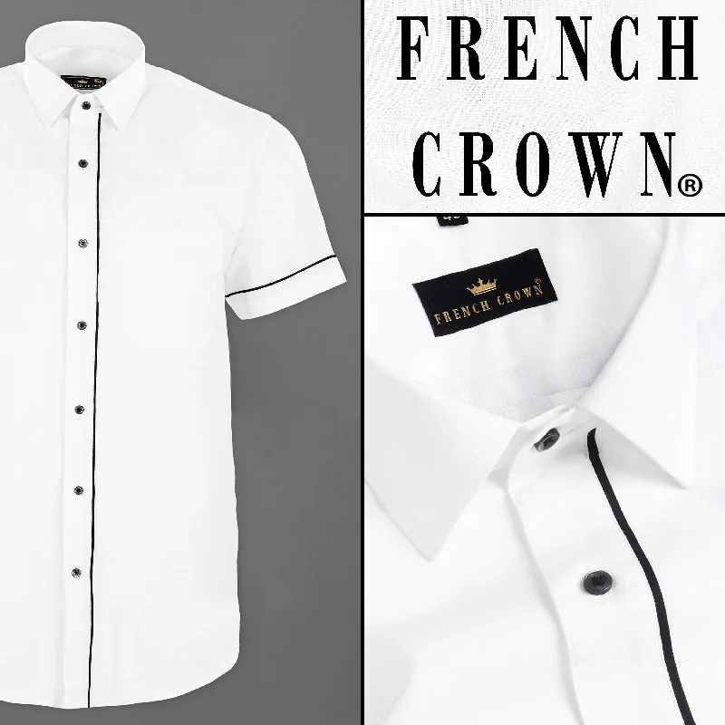 Women's Blouse with CollarBright White with Black Piping Luxurious Linen Shirt