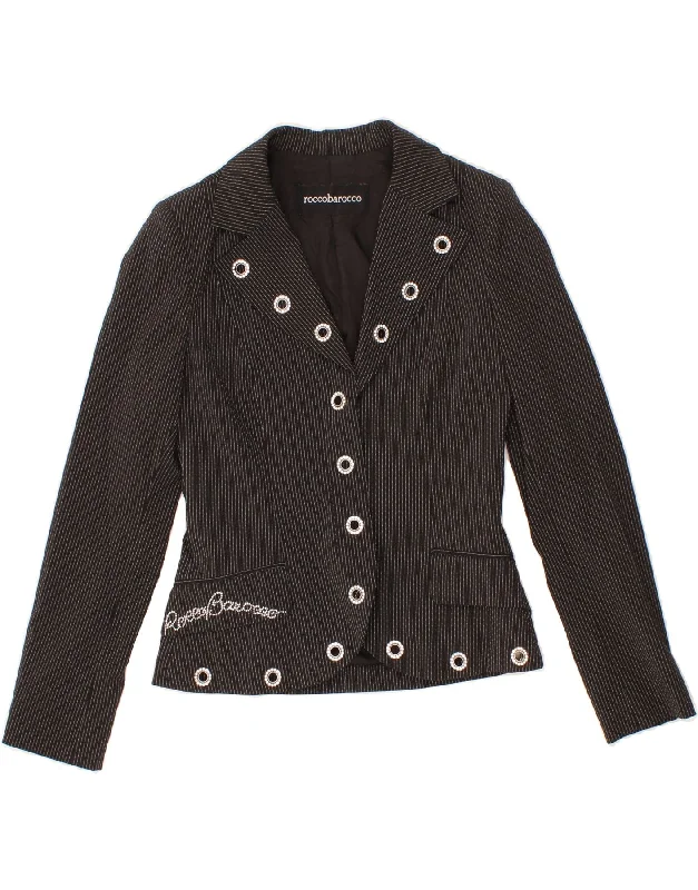 Women's Coats with Fur Trimmed SleevesROCCOBAROCCO Womens Blazer Jacket US 6 Medium Black Pinstripe Polyester