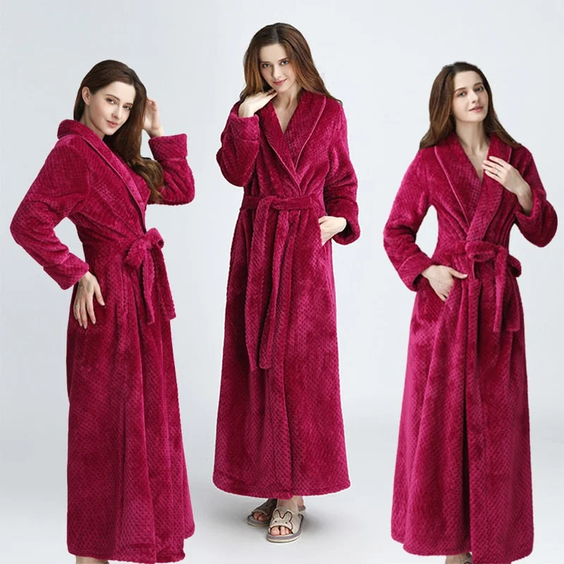 women's short sleeve pajama setsWomen Men Extra Long Warm Dobby Coral Fleece Bathrobe Winter Thick Flannel Thermal Bath Robe Kimono Dressing Gown Bride Peignoir