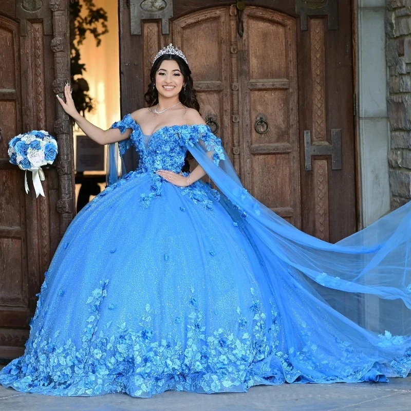 Women's Pencil DressesSky Blue Shiny Quinceanera Dresses Princess Sweet 16 Years Girl Birthday Party Dresses Appliques Lace Beads With Cape Vestidos15