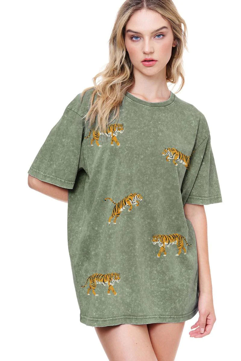 Women's Jumpsuits with Narrow CollarRoar Tiger Print Green Tee