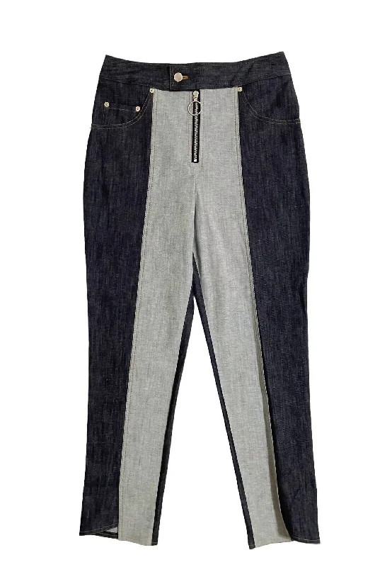 Women's Jodhpurs with Rounded CollarTwo Tone Straight Ankle Crop High Rise Denim Jeans In Blue